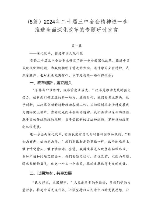 （8篇）2024年二十三中全会精神进一步推进全面深化改革的专题研讨发言.docx