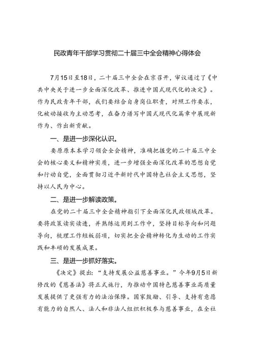 （9篇）民政青年干部学习贯彻二十三中全会精神心得体会范文.docx