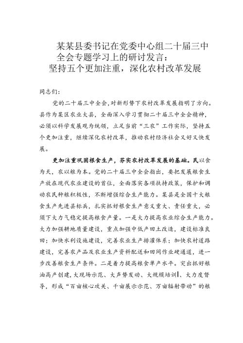 某某县委书记在党委中心组二十三中全会专题学习上的研讨发言：坚持五个更加注重深化农村改革发展.docx