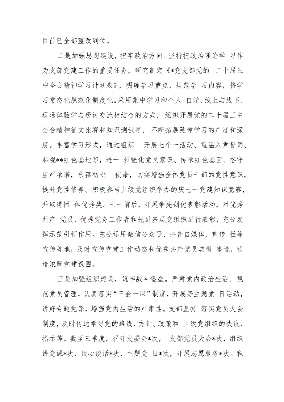 2024年三季度党支部党建工作总结汇报和党支部书记抓党建工作述职报告.docx_第3页