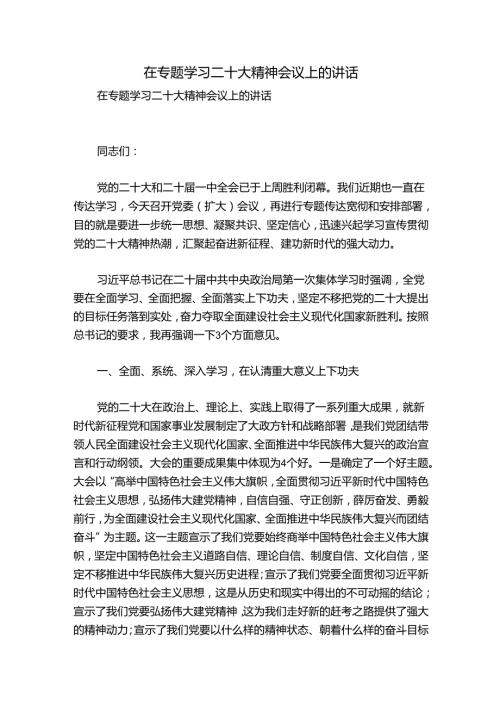 在专题学习二十大精神会议上的讲话.docx