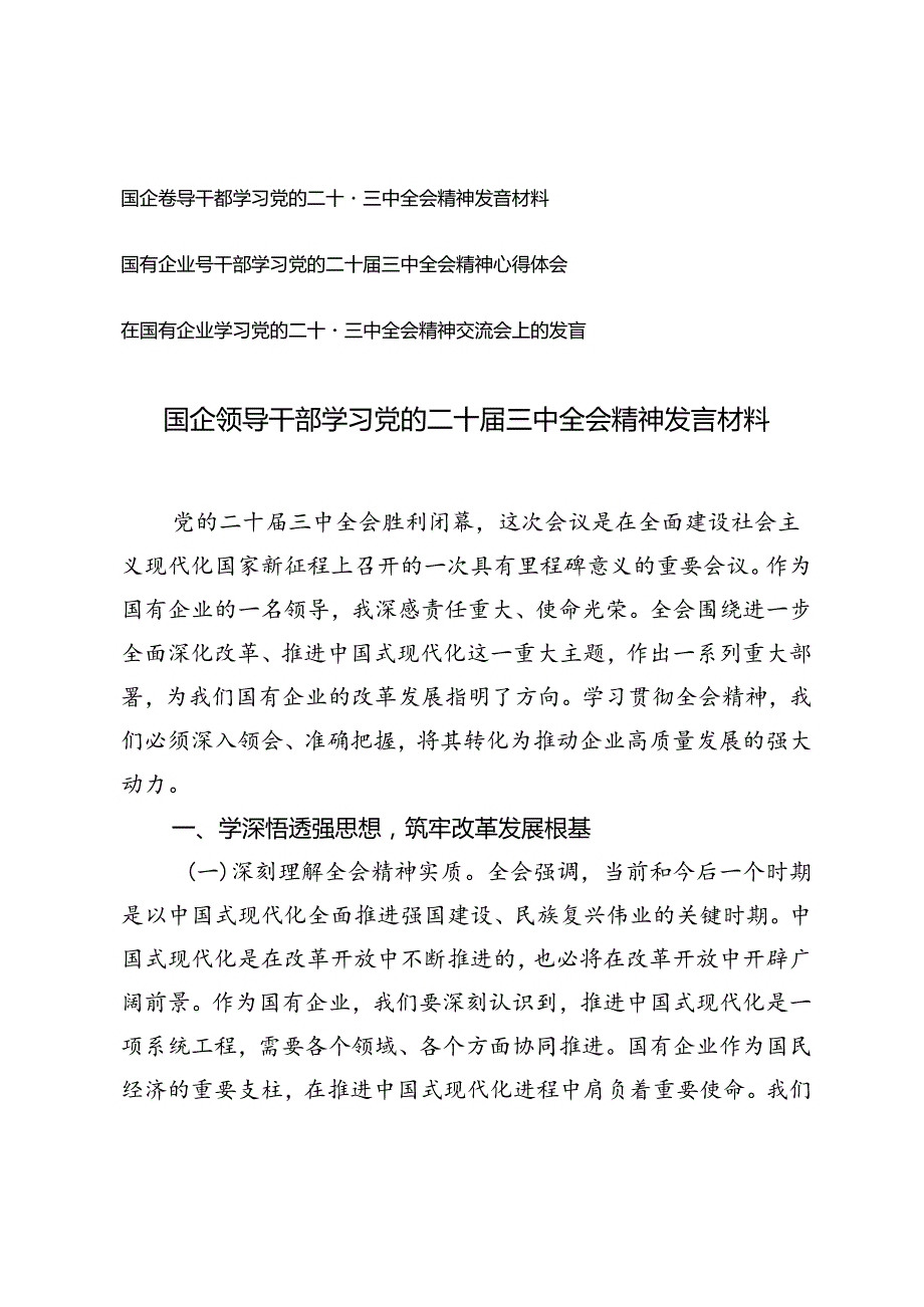 3篇 2024年国企领导干部学习党的二十三中全会精神发言材料.docx_第1页