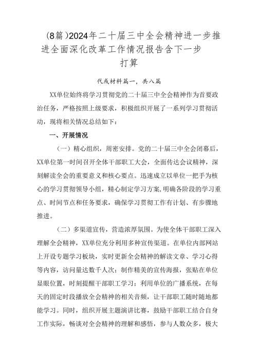 （8篇）2024年二十三中全会精神进一步推进全面深化改革工作情况报告含下一步打算.docx