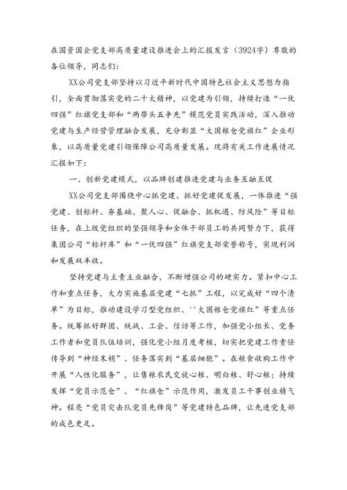 在国资国企党支部高质量建设推进会上的汇报发言（3924字）.docx