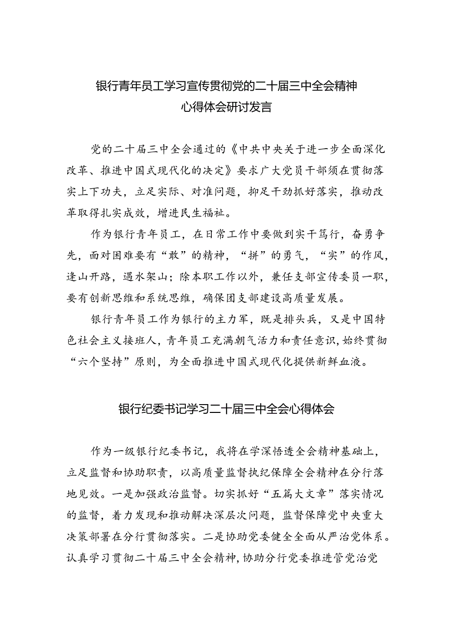（9篇）银行青年员工学习宣传贯彻党的二十三中全会精神心得体会研讨发言（精选）.docx_第1页