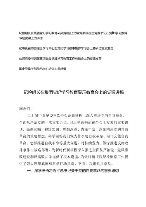 5篇 2024年纪检组长、国企党委书记在党纪学习教育警示教育会上的党课讲稿、研讨交流发言心得感悟.docx