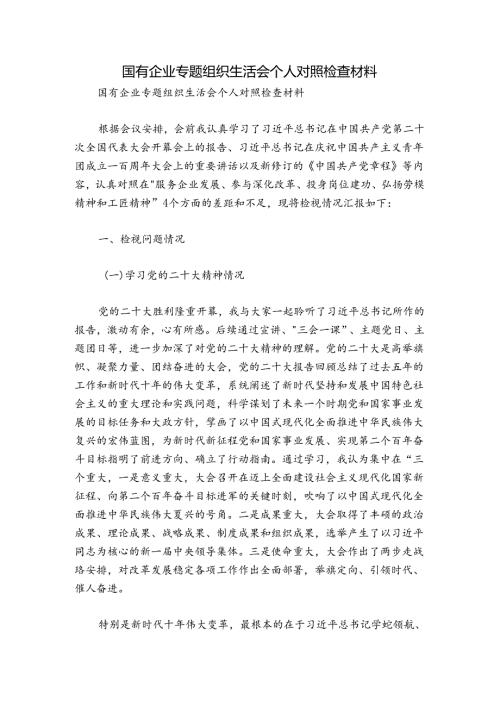 国有企业专题组织生活会个人对照检查材料.docx
