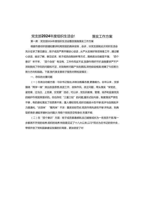 党支部2024组织生活会整改措施落实工作方案.docx