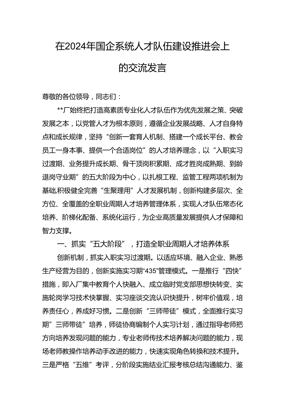 书记领导在2024年国企系统公司某厂人才队伍建设推进会上的研讨交流发言和国企加强人才队伍建设经验做法.docx_第2页