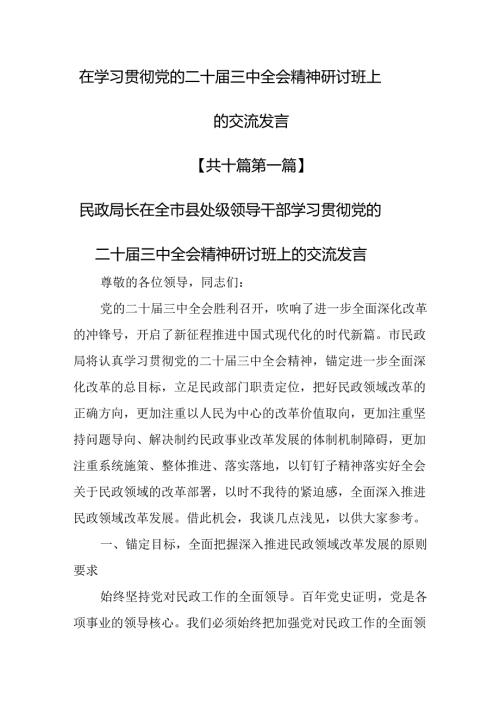 （10篇）在学习贯彻党的二十三中全会精神研讨班上的交流发言.docx
