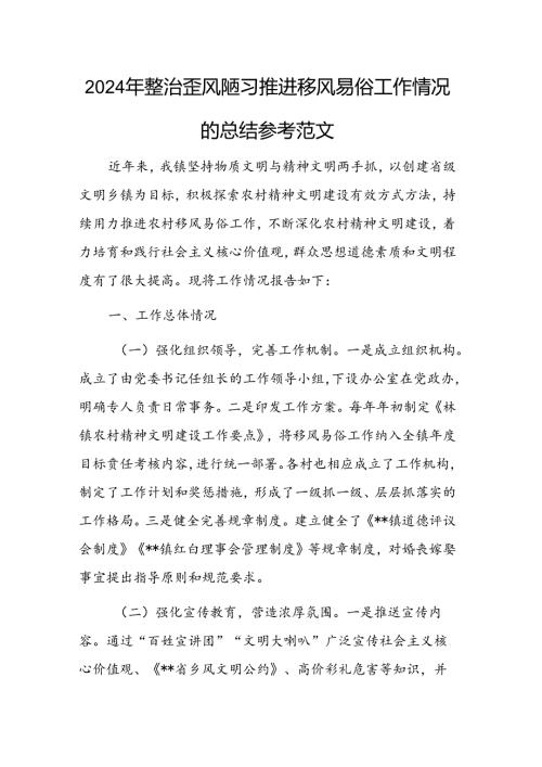 2024年整治歪风陋习推进移风易俗工作情况的总结参考范文.docx