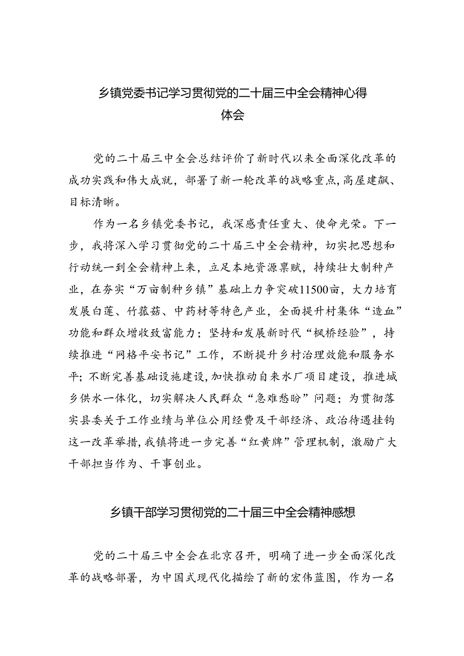 （9篇）乡镇党委书记学习贯彻党的二十三中全会精神心得体会(完整版).docx_第1页