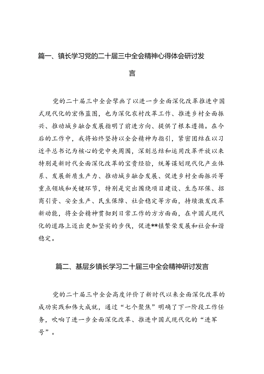 （10篇）镇长学习党的二十三中全会精神心得体会研讨发言（精选）.docx_第2页