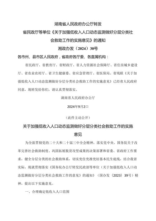 湖南省关于加强低收入人口动态监测做好分层分类社会救助工作的实施意见（2024年）.docx