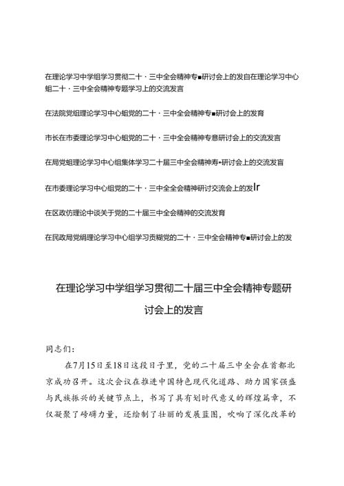 8篇 2024年8月在理论学习中学组学习贯彻二十三中全会精神专题研讨会上的发言.docx