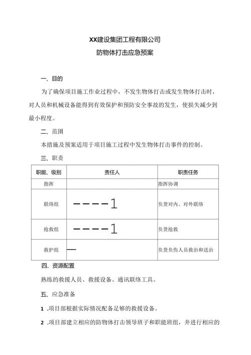 XX建设集团工程有限公司防物体打击应急预案（2024年）.docx