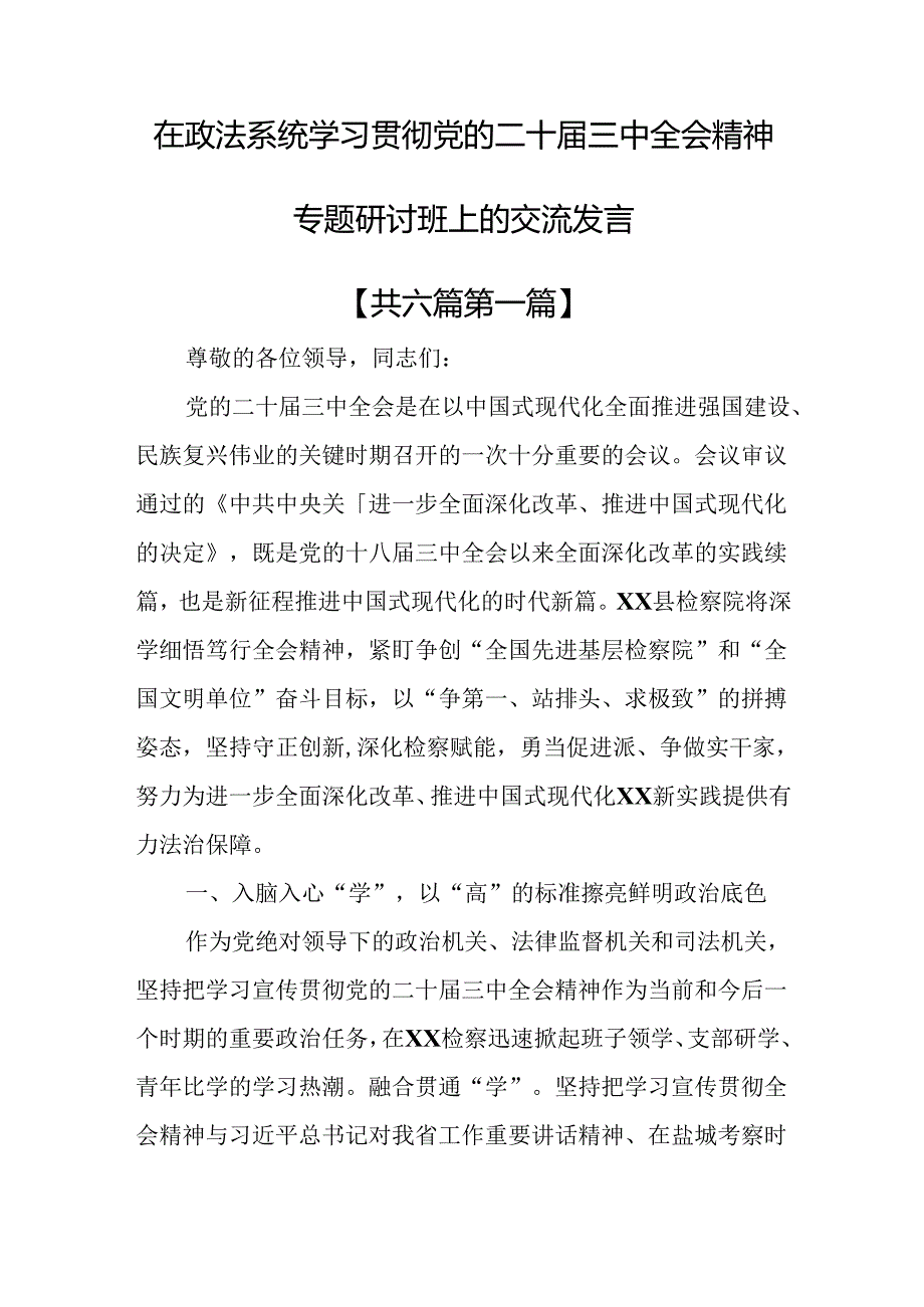 （6篇）在政法系统学习贯彻党的二十三中全会精神专题研讨班上的交流发言.docx_第1页