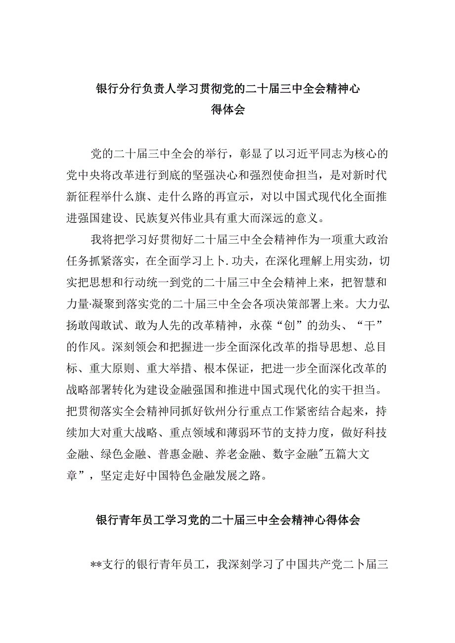 银行分行负责人学习贯彻党的二十三中全会精神心得体会8篇（最新版）.docx_第1页
