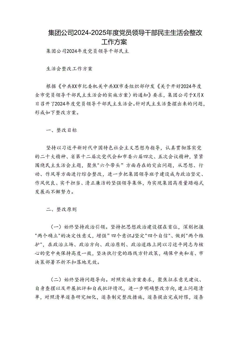 集团公司20242025党员领导干部民主生活会整改工作方案.docx_第1页