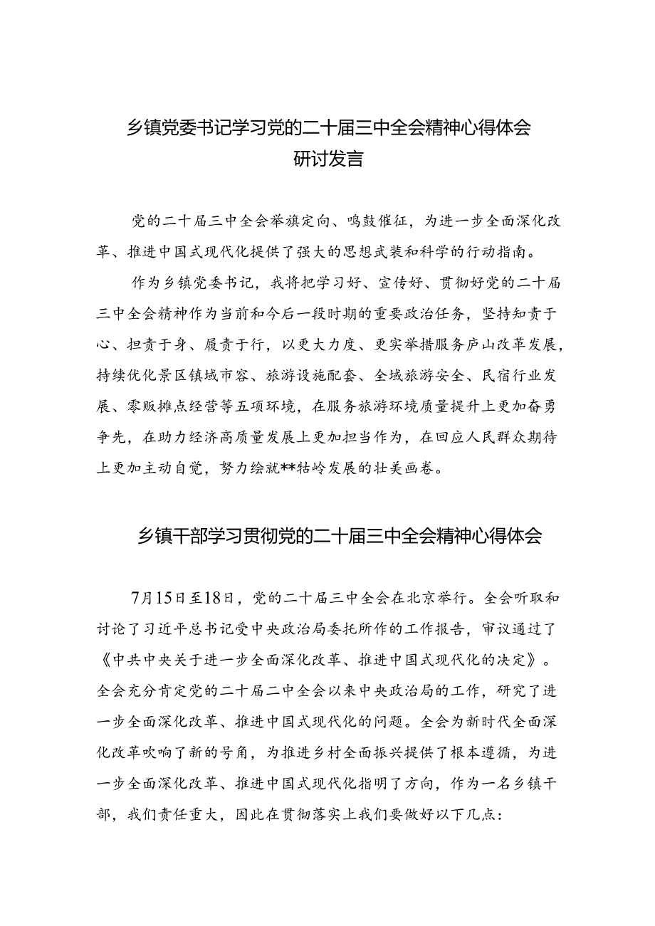 乡镇党委书记学习党的二十三中全会精神心得体会研讨发言8篇（详细版）.docx_第1页