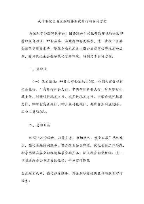 关于制定全县金融服务业提升行动实施方案.docx