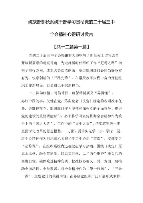 （12篇）统战部部长系统干部学习贯彻党的二十三中全会精神心得研讨发言.docx