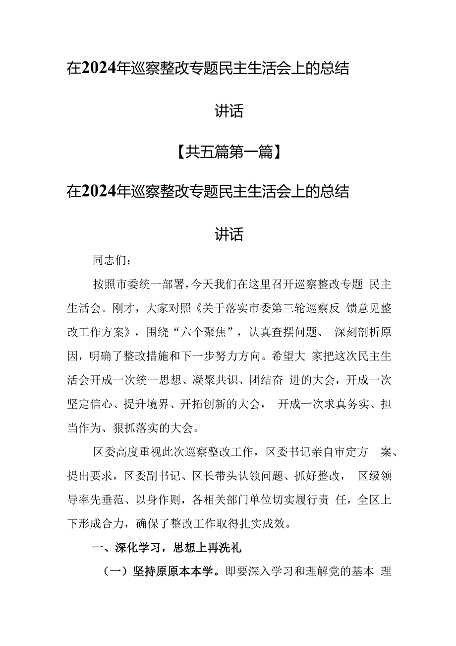 （5篇）在2024年巡察整改专题民主生活会上的总结讲话.docx_第1页