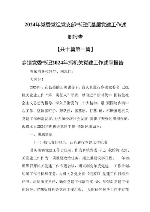 （10篇）2024年党委党组党支部书记抓基层党建工作述职报告.docx