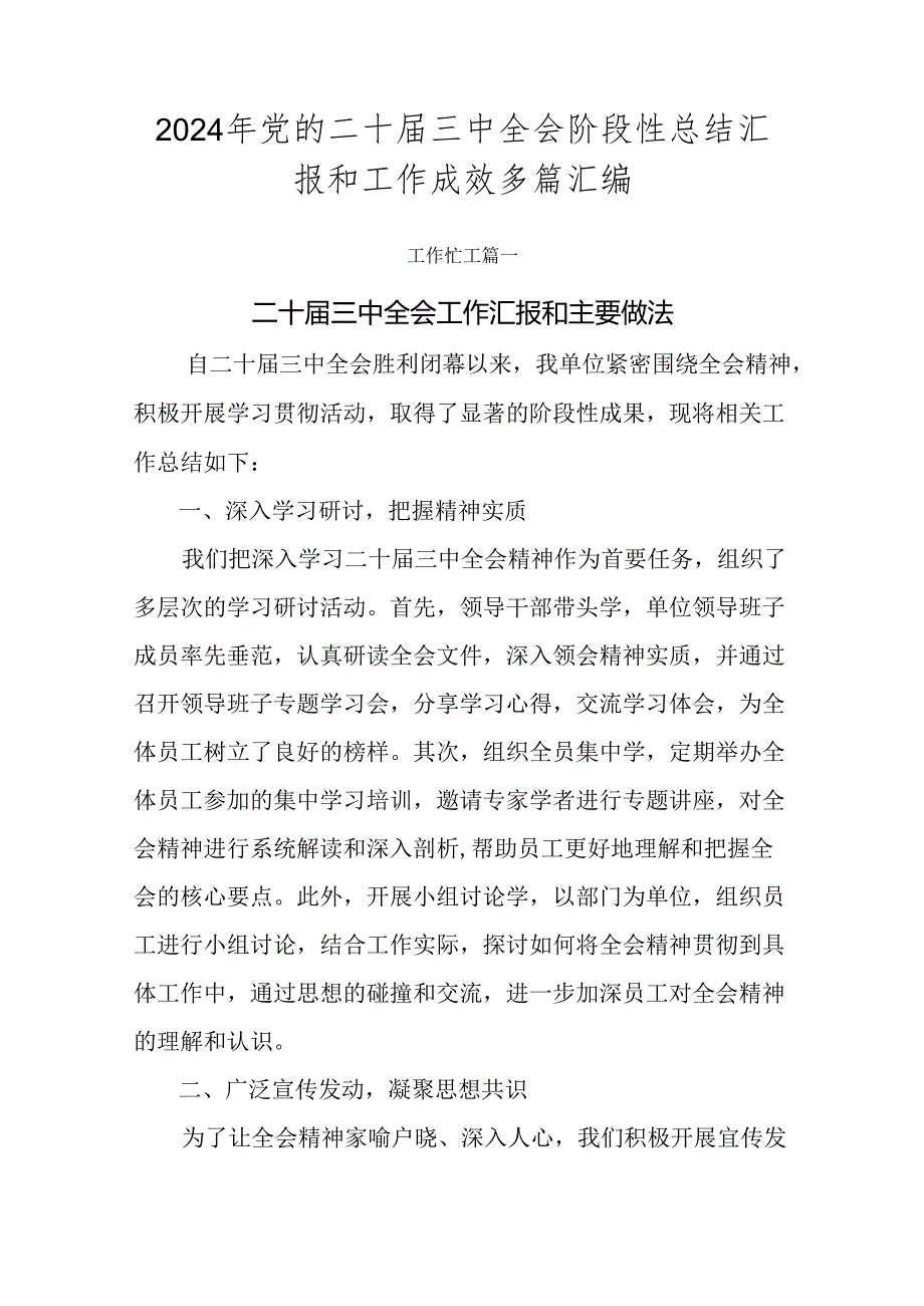 2024年党的二十三中全会阶段性总结汇报和工作成效多篇汇编.docx_第1页