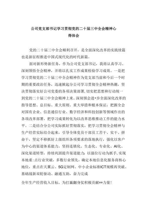 公司党支部书记学习贯彻党的二十三中全会精神心得体会8篇（精选）.docx