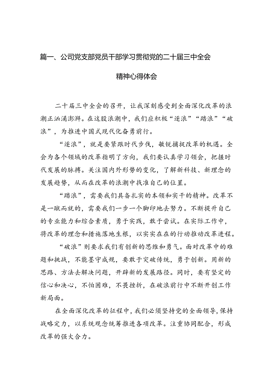 （10篇）公司党支部党员干部学习贯彻党的二十三中全会精神心得体会集合.docx_第2页