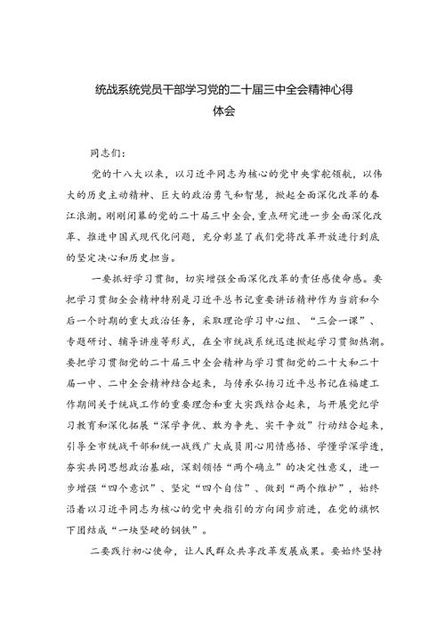 （9篇）统战系统党员干部学习党的二十三中全会精神心得体会（最新版）.docx