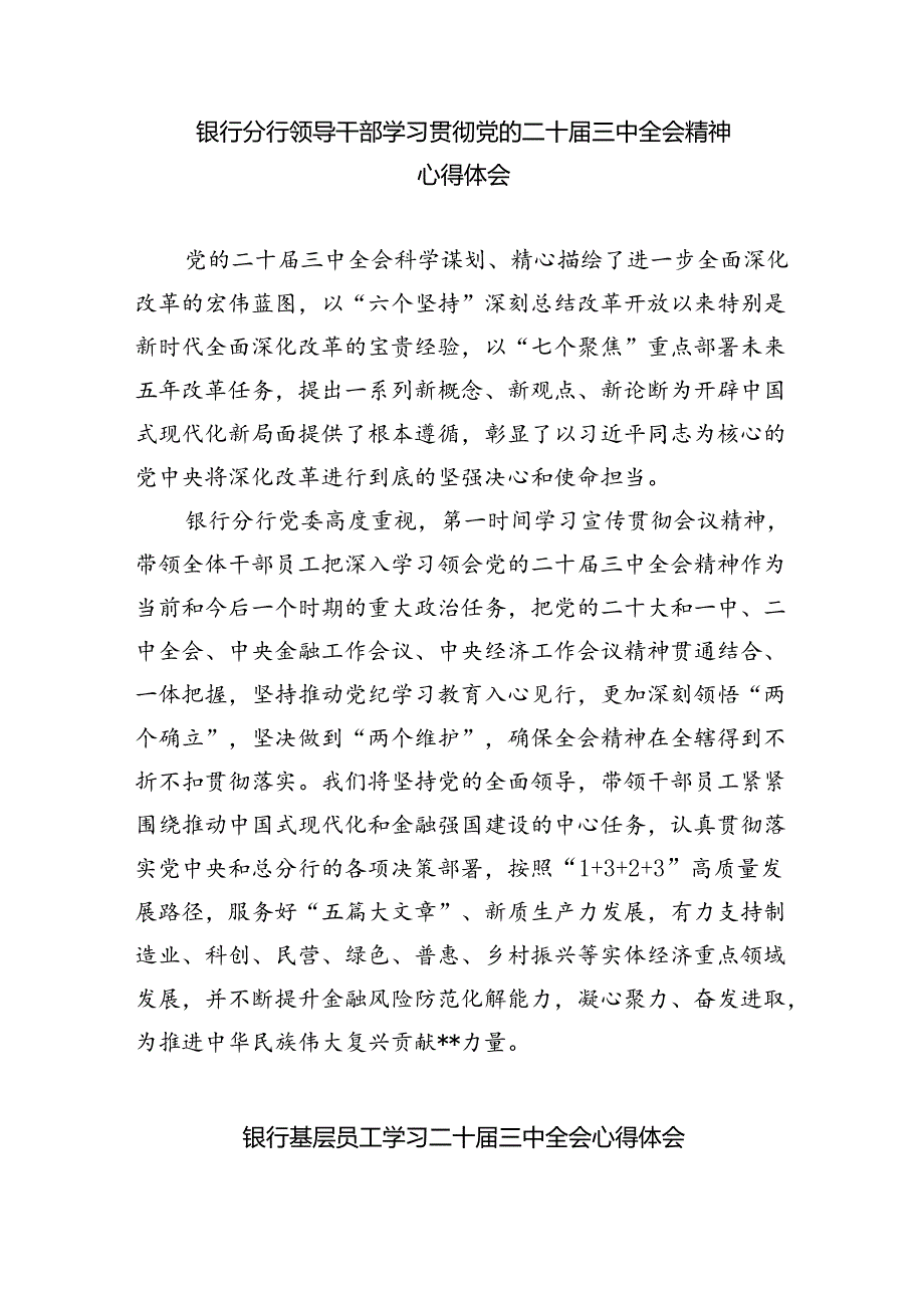 （9篇）银行分行党委书记学习贯彻党的二十三中全会精神心得体会集合.docx_第2页