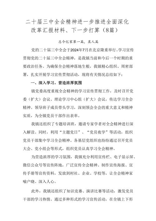 二十三中全会精神进一步推进全面深化改革汇报材料、下一步打算（8篇）.docx