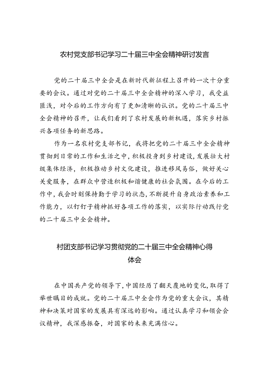 （9篇）农村党支部书记学习二十三中全会精神研讨发言（详细版）.docx_第1页
