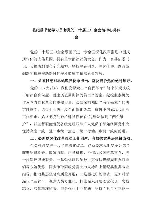 县纪委书记学习贯彻党的二十三中全会精神心得体会（共五篇）.docx