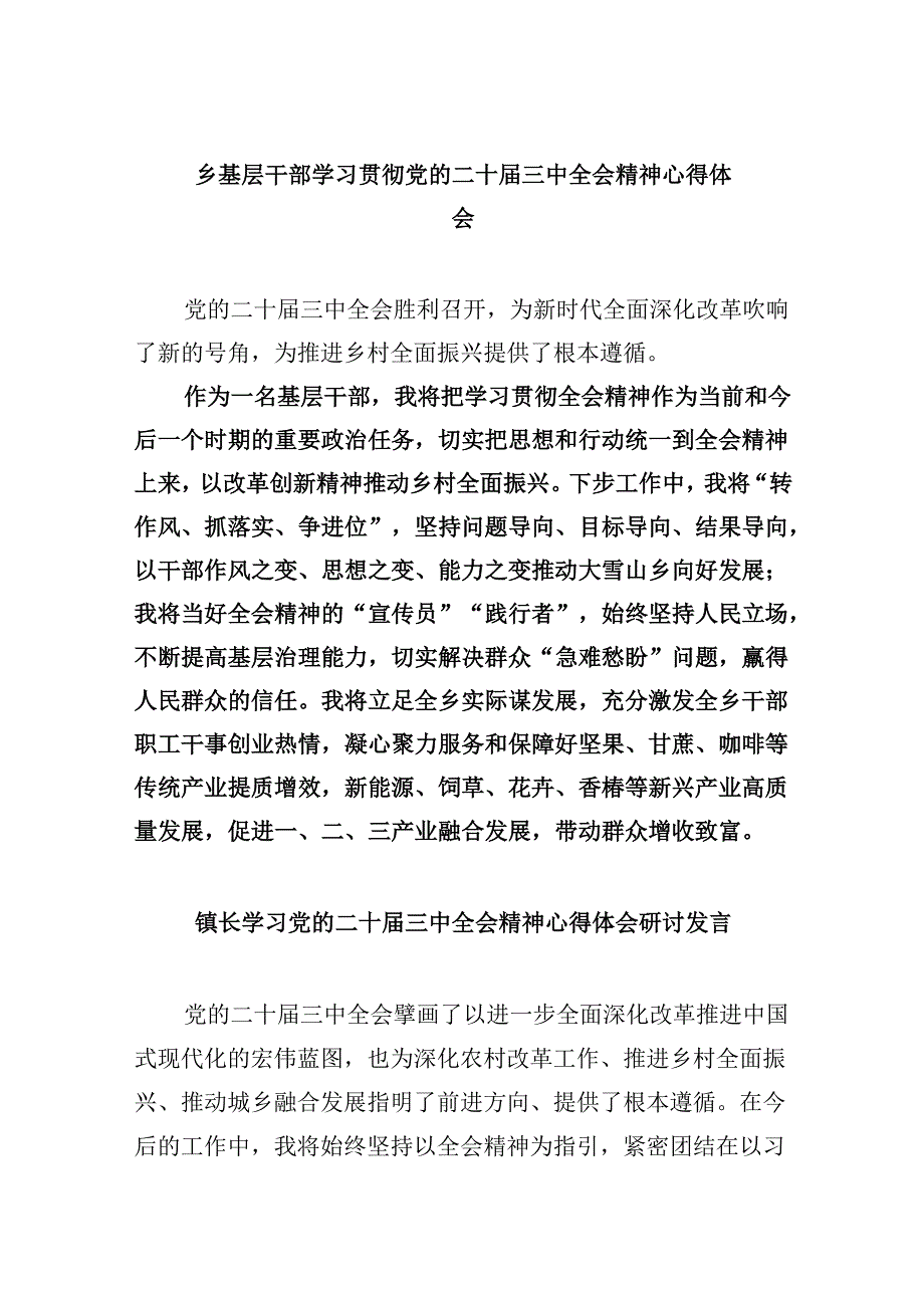 乡基层干部学习贯彻党的二十三中全会精神心得体会5篇（详细版）.docx_第1页
