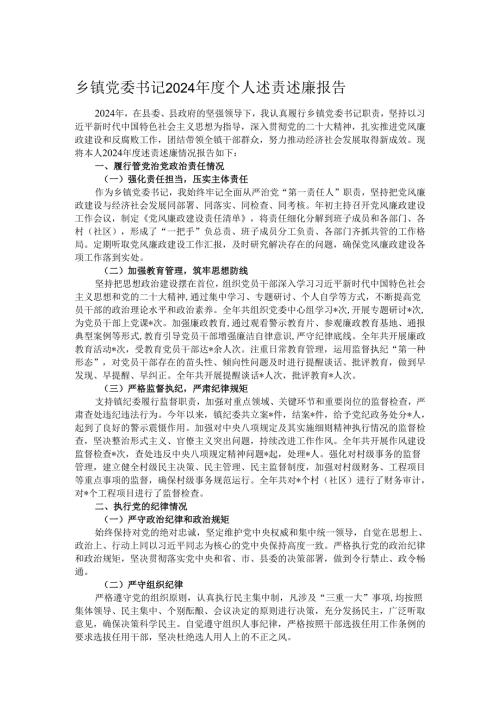 乡镇党委书记 2024 个人述责述廉报告.docx