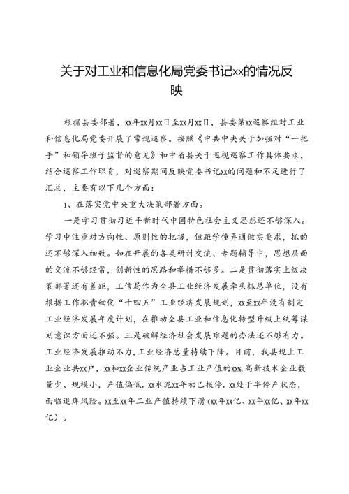 关于对工业和信息化局党委书记巡察情况的反映.docx