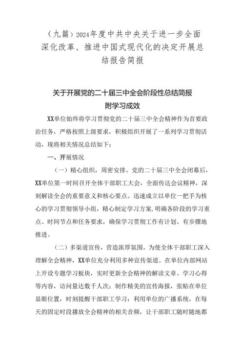 （九篇）2024中共中央关于进一步全面深化改革、推进中国式现代化的决定开展总结报告简报.docx