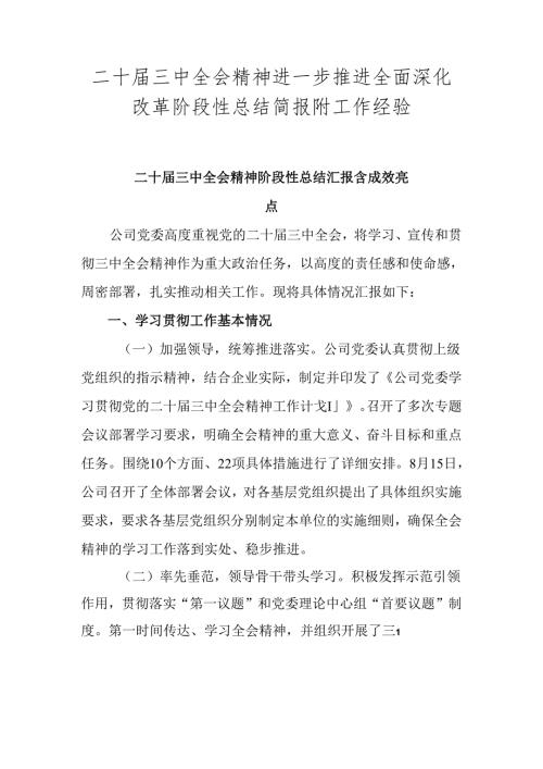 二十三中全会精神进一步推进全面深化改革阶段性总结简报附工作经验.docx
