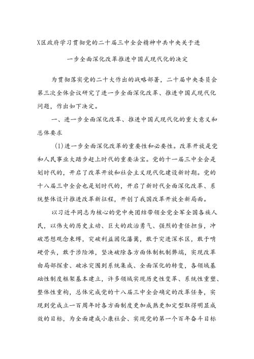 X区政府学习贯彻党的二十三中全会精神中共中央关于进一步全面深化改革 推进中国式现代化的决定.docx