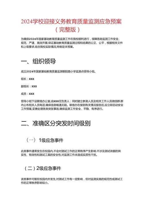 2024学校迎接义务教育质量监测应急预案（完整版）.docx