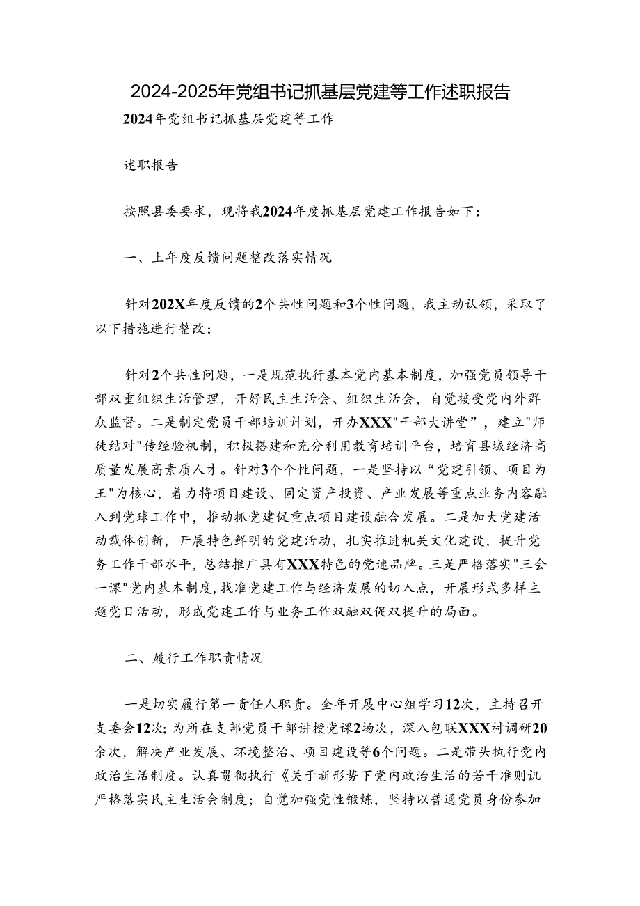 20242025年党组书记抓基层党建等工作述职报告.docx_第1页