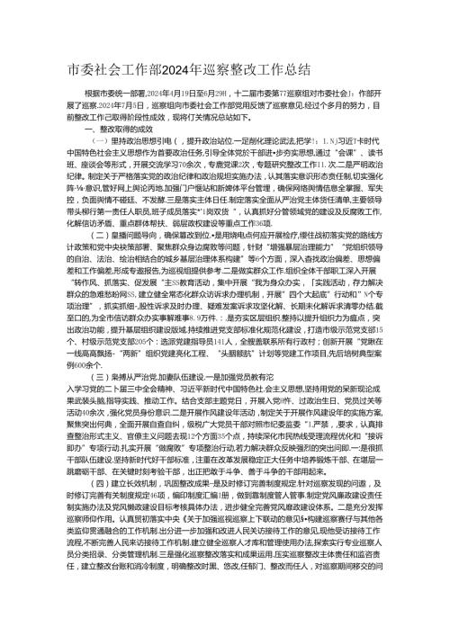 市委社会工作部2024年巡察整改工作总结.docx