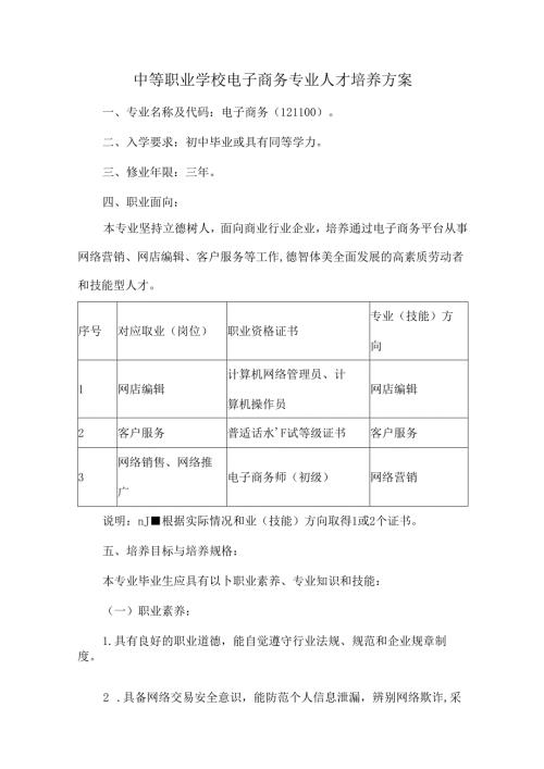 中等职业学校电子商务专业人才培养方案.docx