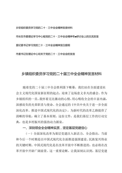 4篇 乡镇组织委员、市长、县纪委书记、市委书记学习党的二十三中全会精神发言材料提纲.docx