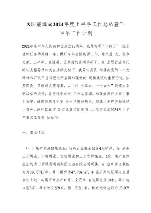 X区能源局2024上半年工作总结暨下半年工作计划.docx