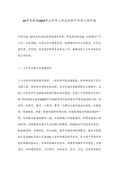 XX市水利局2024年上半年工作总结和下半年工作计划.docx