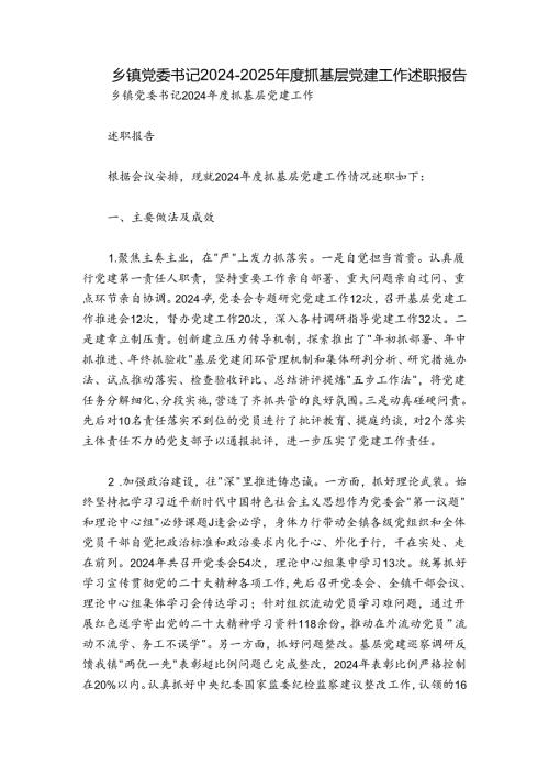 乡镇党委书记20242025抓基层党建工作述职报告1.docx
